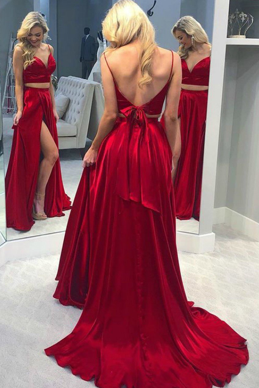 Red Two Piece Prom Dresses with Deep Neckline vestido formal