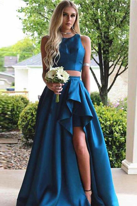 Simple Vintage Two Pieces A-line Blue Sleeveless Slit Long Scoop Woman Evening Dresses JS232