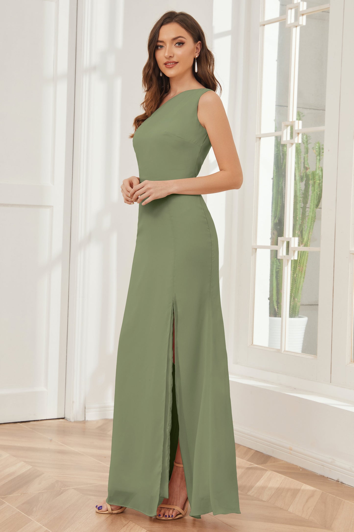 One Shoulder Sleeveless Slit Bridesmaid Dresses