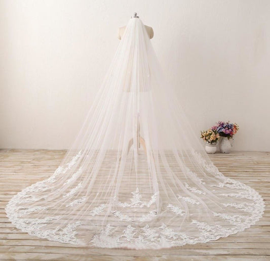 Long Embroidered Lace Appliques Tulle Cathedral Veil for Wedding Wedding Veil JS869