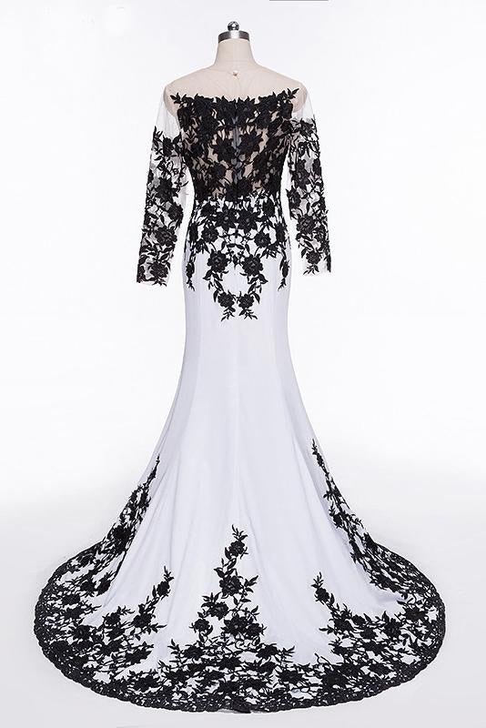 Elegant White Black Lace Appliques Mermaid Long Sleeves Satin Prom Dresses UK JS516