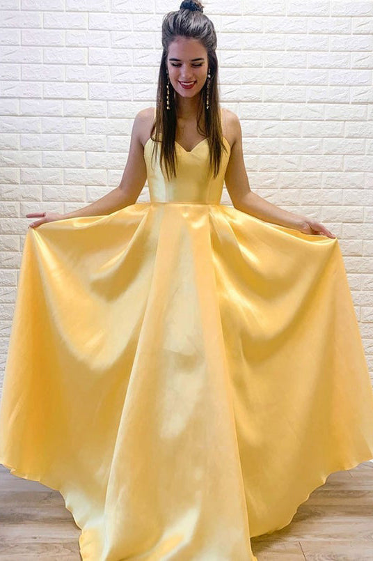 A Line Simple Yellow Satin Spaghetti Straps Formal Evening Dresses Long Prom Dresses