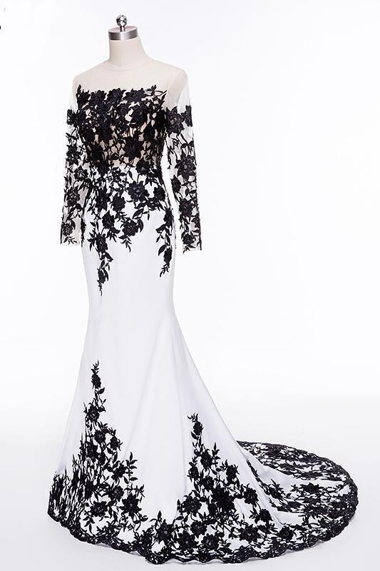 Elegant White Black Lace Appliques Mermaid Long Sleeves Satin Prom Dresses