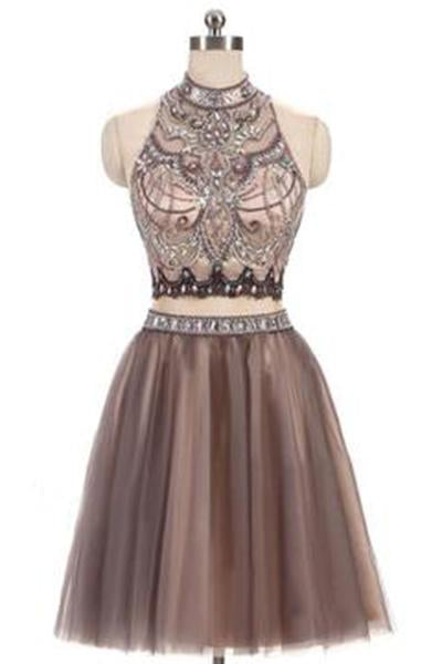 A-Line Beads Charming High Neck Open Back Two Pieces Tulle Homecoming Dresses For Teens JS401