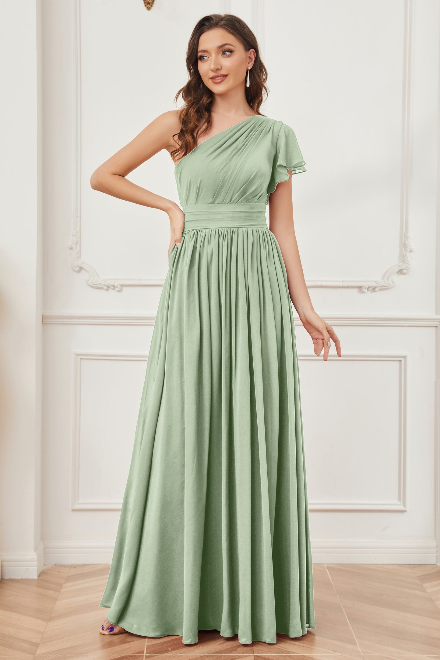 One Shoulder Chiffon Long Bridesmaid Dresses