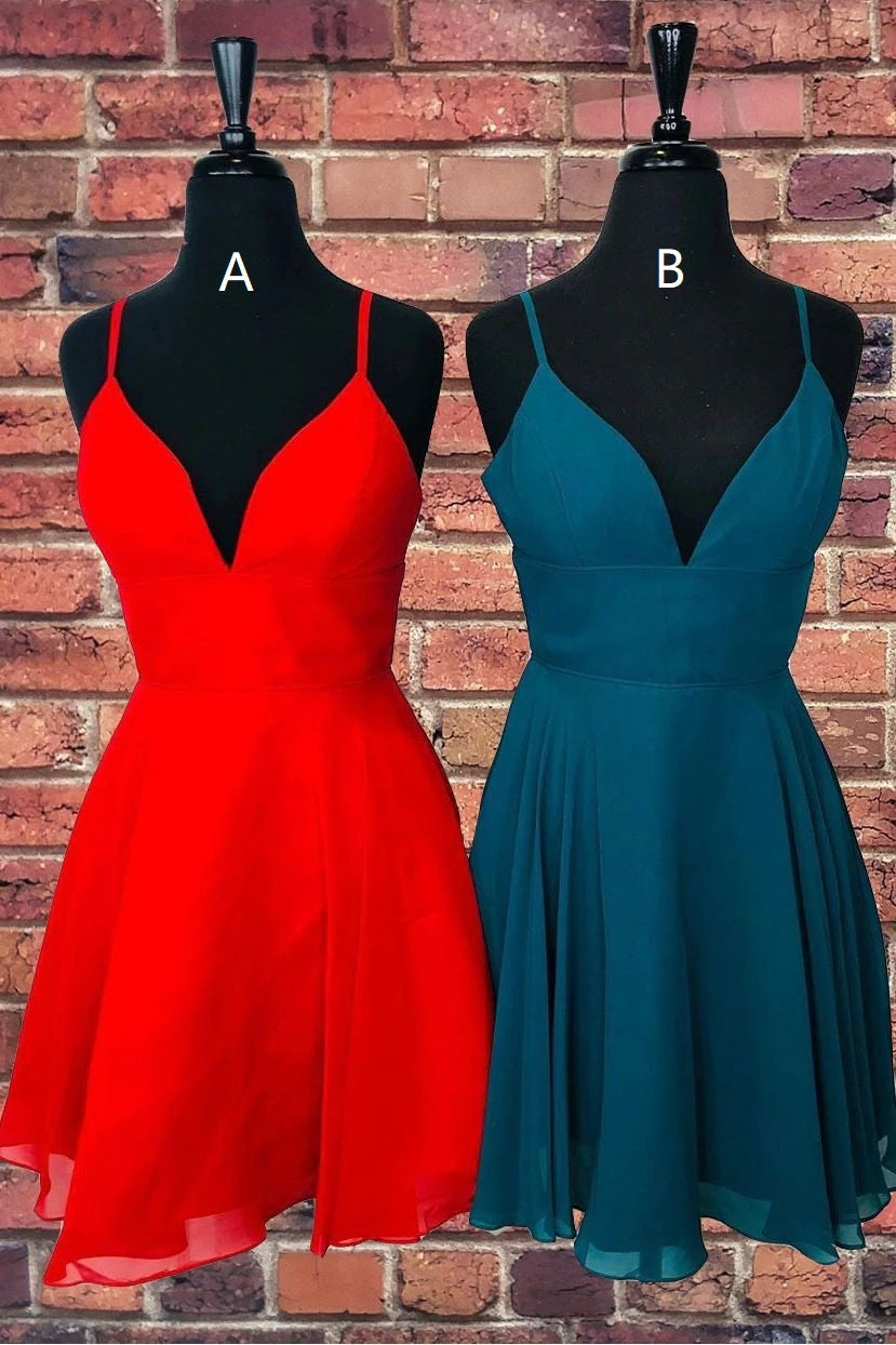 A-Line V-Neck Spaghetti Straps Chiffon Short Homecoming Dresses