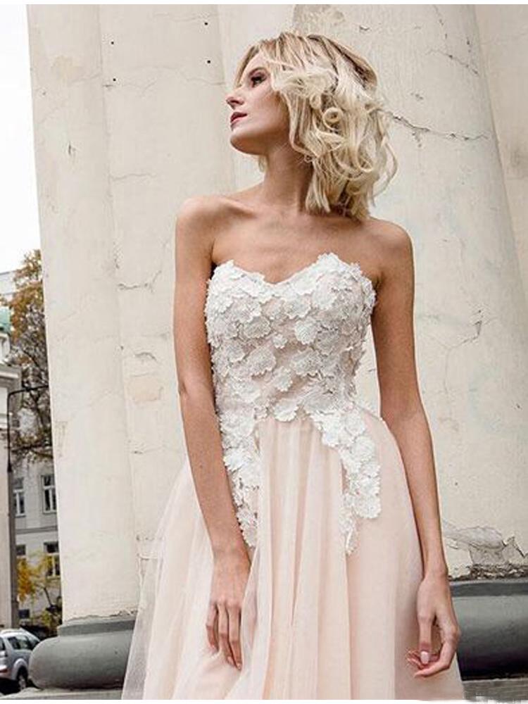 A Line Sweetheart Tulle Pink Prom Dresses with Appliques Beach Wedding Dresses JS970