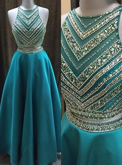 Two Pieces Beaded Crew Neck Prom Dress-Zipper-up Satin Long Prom Dresses JS842