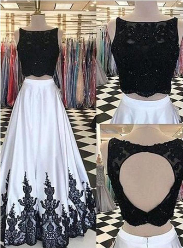 Elegant A line Two Pieces Open Back Scoop Satin Lace Beads Cheap Prom Dresses JS189