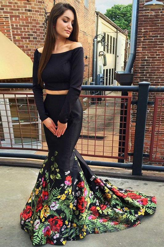 A Line Off the Shoulder Two Piece Long Sleeve Satin Floral Scoop Long Prom Dresses JS188