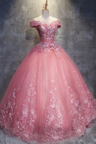 Ball Gown Off-the-Shoulder Watermelon Tulle Sweetheart Cheap Wedding Dresses with Appliques JS271