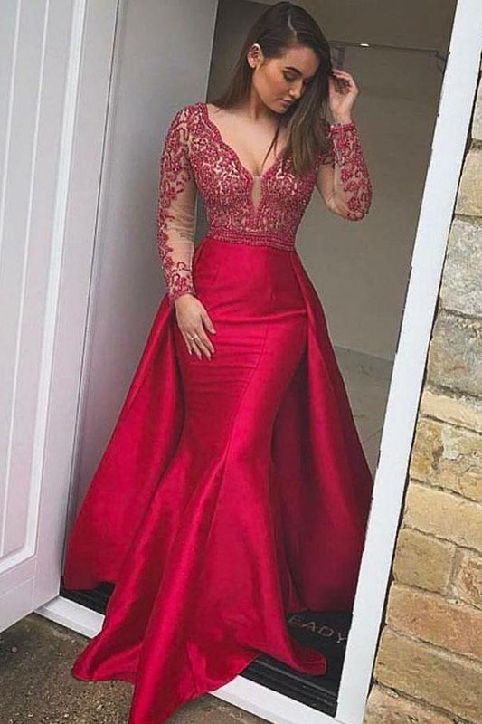 Elegant Mermaid Long Red Long Sleeve Beading V Neck Lace Satin Backless Prom Dresses JS851