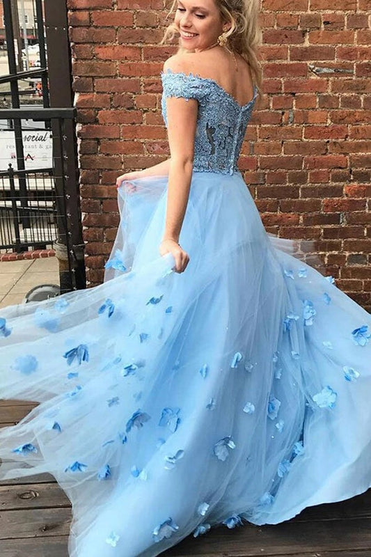 Pretty Blue Two Piece Off-the-Shoulder Lace Prom Dresses with 3D Flowers