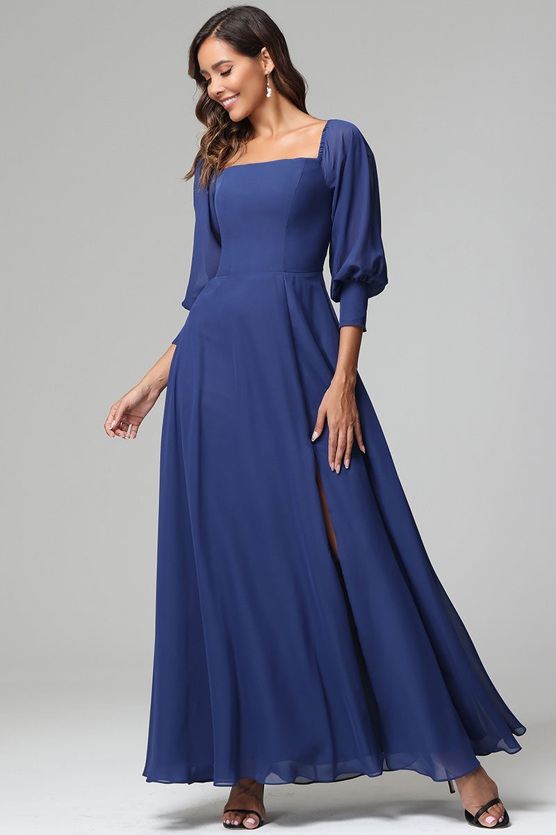 Square Neck 3/4 Sleeves Chiffon Bridesmaid Dresses with Slit