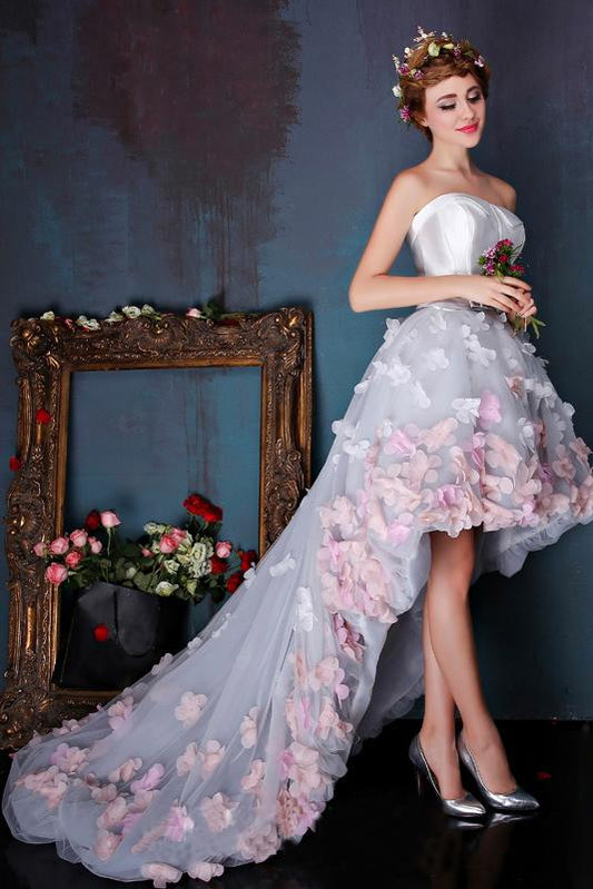 Charming Sweetheart Flowers Strapless Tulle Asymmetry Prom Dresses,Wedding Dresses uk PW259