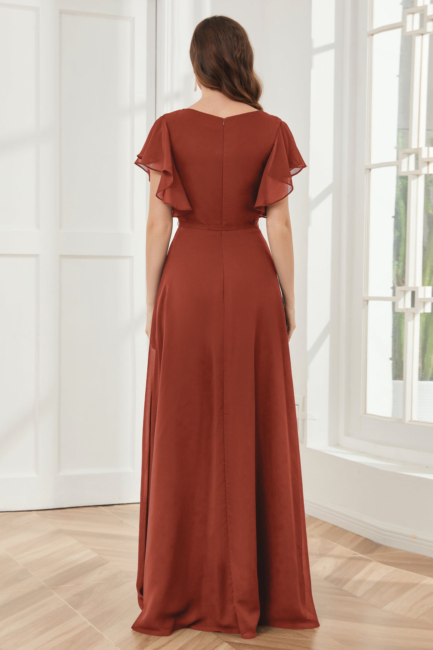 V-neck Ruffles Sleeves Chiffon Bridesmaid Dresses with Slit