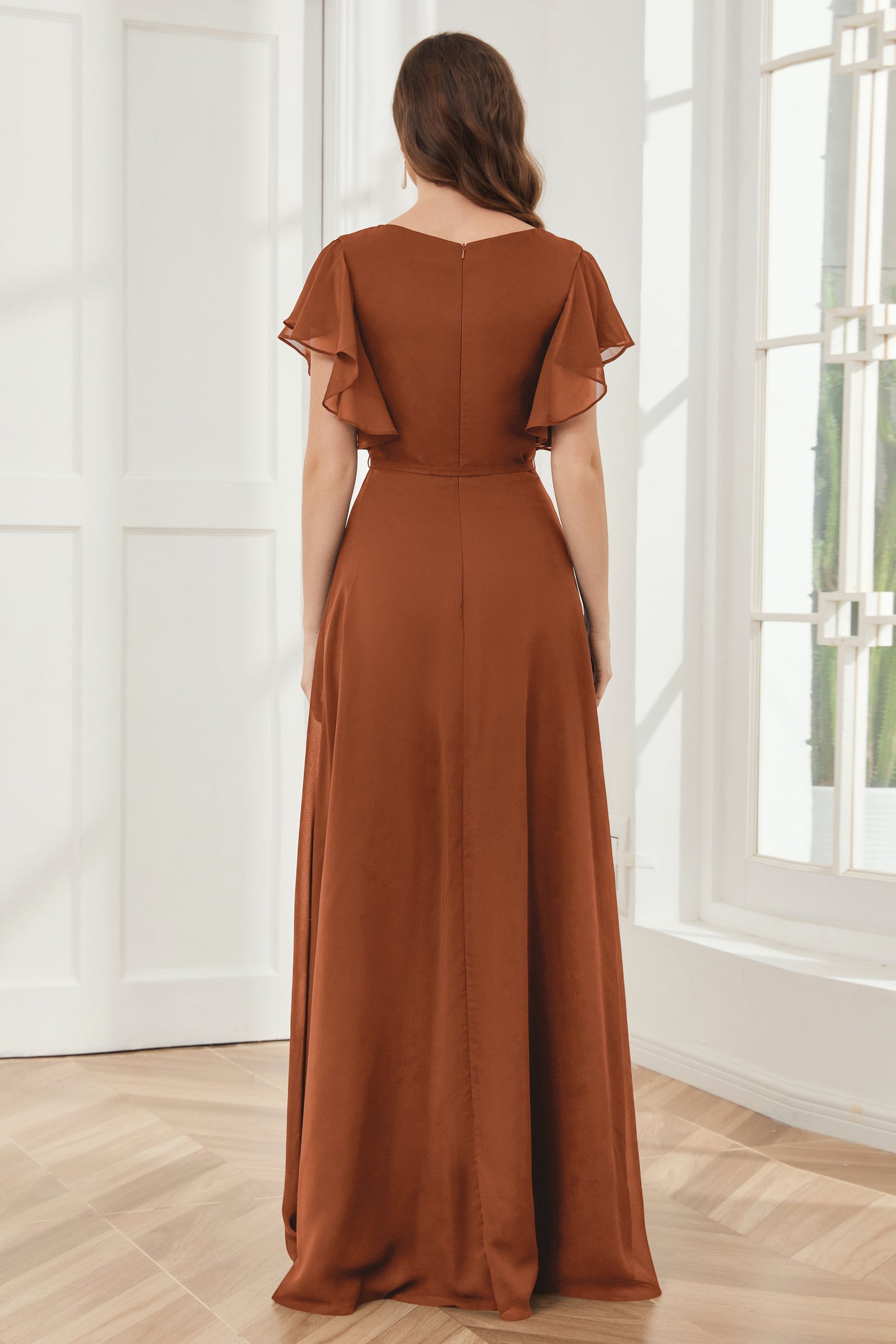 V-neck Ruffles Sleeves Chiffon Bridesmaid Dresses with Slit