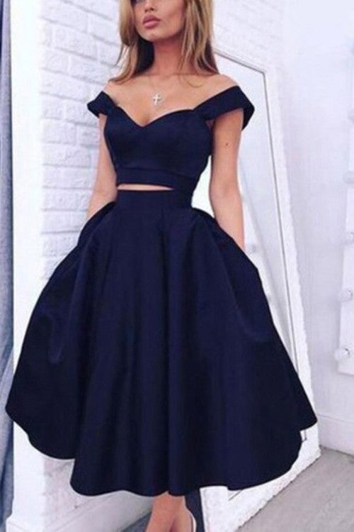 Elegant Two Pieces Off Shoulder Dark Navy Short Homecoming Party Dresses,Semi Formal Dress