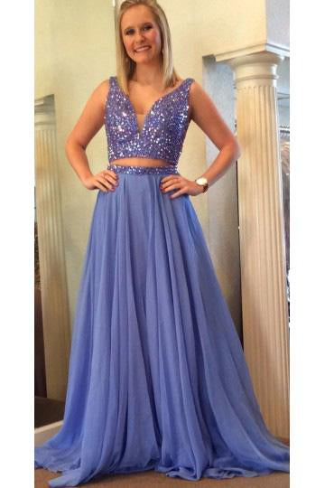 Elegant A Line Two Piece Blue V-Neck Beads Chiffon Evening Prom Dresses JS790