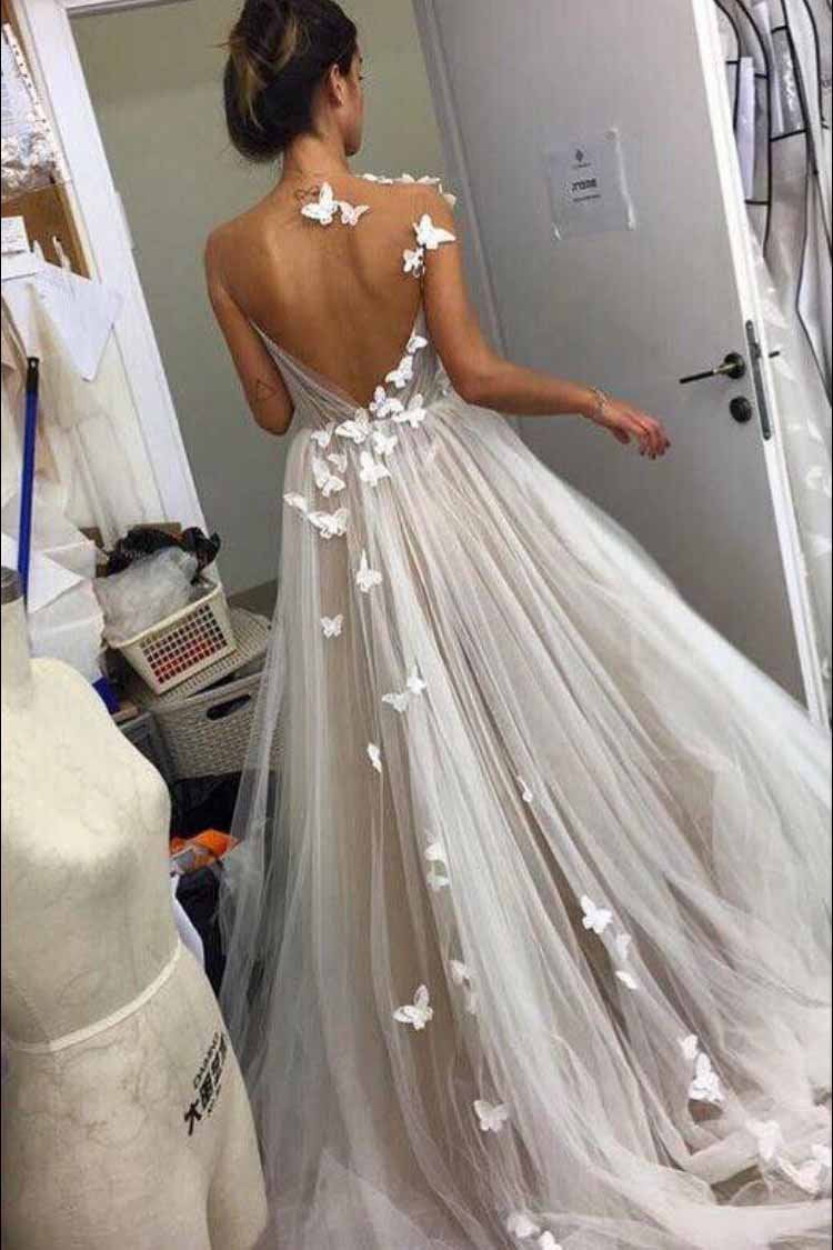 A Line Tulle Open Back Butterfly Sleeveless Long Prom Wedding Dresses Prom Dresses