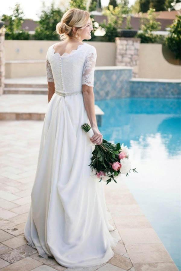 A Line Half Sleeve Ivory Lace with Satin Round Neck Beads Button Cheap Wedding Dresses JS146