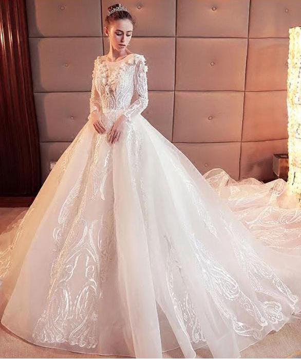 2024 Gorgeous Scoop Lace Appliques Flowers White Organza Long Sleeve Wedding Dresses JS177