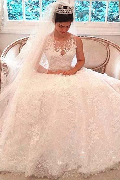 A Line Luxury Illusion Lace Scoop Wedding Gowns Ivory Cheap Wedding Dresses JS296