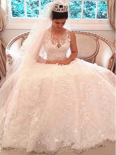 A Line Luxury Illusion Lace Scoop Wedding Gowns,Ivory Cheap Wedding Dresses uk PW296