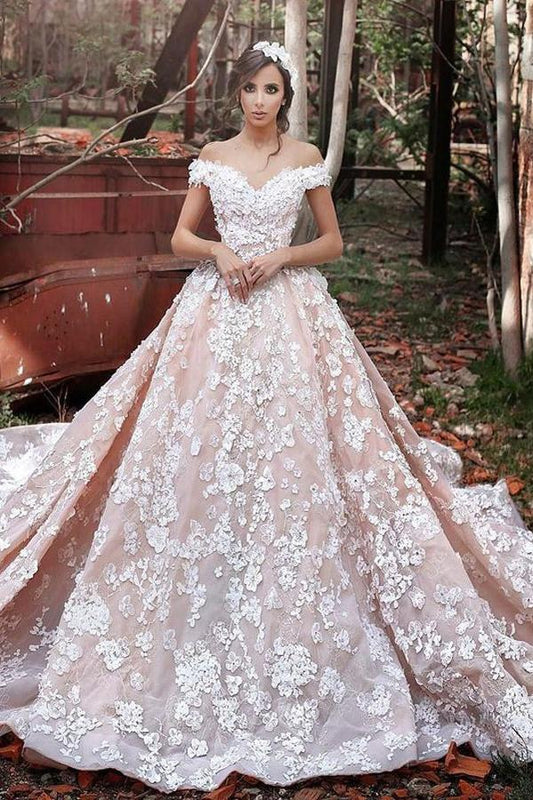 A-Line Off the Shoulder Ball Gown Court Train Tulle Appliques Wedding Dresses JS537