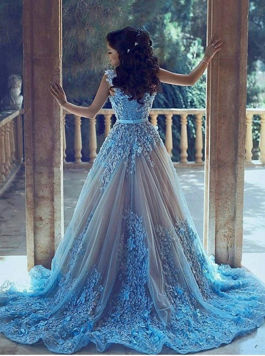 A-Line Square Chapel Train Sleeveless Blue Tulle Wedding Dress with Appliques Sash JS336