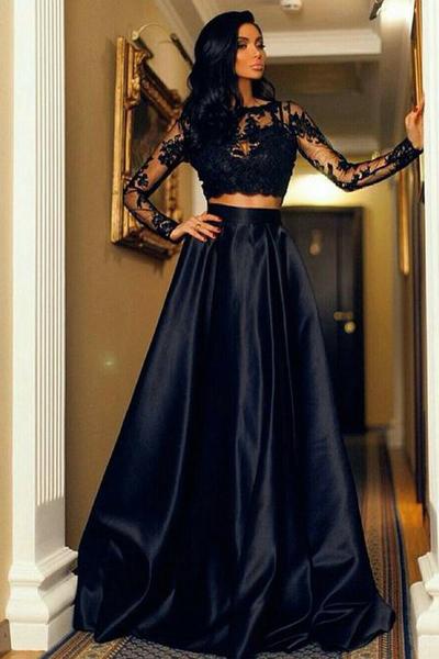 Two Piece Scoop A-Line Bateau Long Sleeves Black Floor Length Prom Dresses UK with Lace JS343