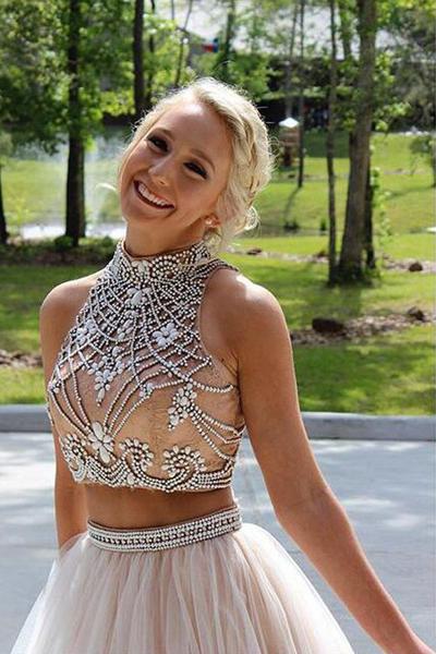 Two Piece High Neck Open Back Tulle Sequins Sleeveless Floor-Length Prom Dresses JS394