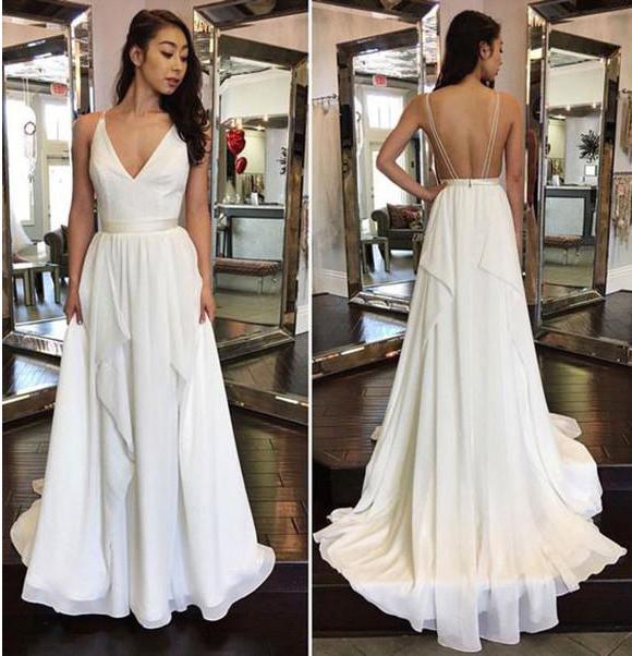 Simple Cheap Sexy Ivory A-line Chiffon V-Neck Sleeveless Ruffles Backless Wedding Dress JS864