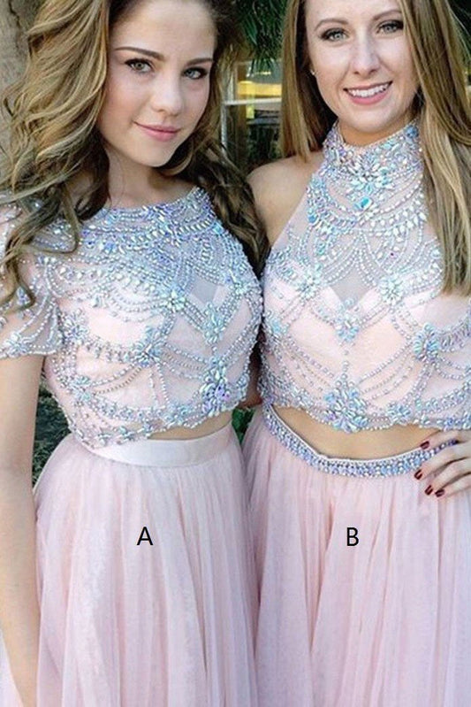 Tulle Scoop Neck A-line Floor-length with Beading Two Piece Short Sleeve Prom Dresses JS631