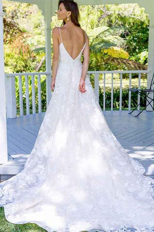 A Line Spaghetti Straps Backless V Neck Long Lace Wedding Dresses Bridal Dresses JS260