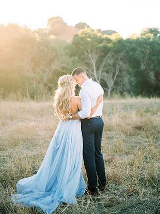 A Line Sky Blue Rustic Chiffon Deep V Neck Slit Prom Dresses Beach Wedding Dresses