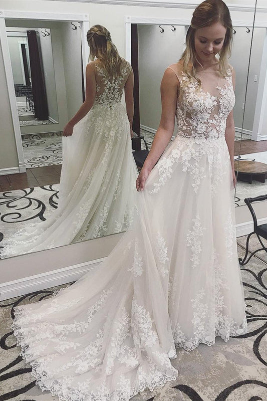 A Line Ivory Lace See Through Applique Wedding Dresses Scoop with Court Train JS91