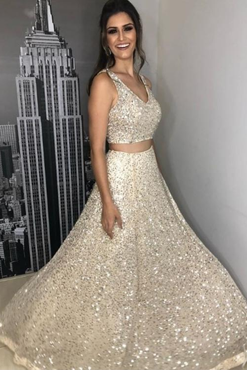 Two Pieces Straps Sexy Sleeveless A Line Long Prom Dresses