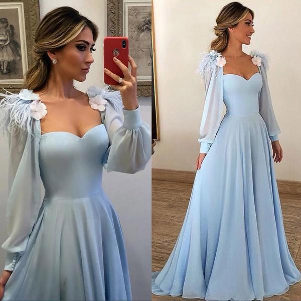 Blue Long Sleeves Sweetheart Prom Dresses A Line Long Evening Dresses JS307