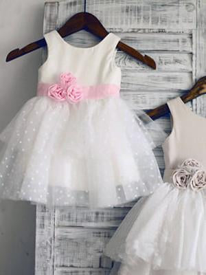 Ball Gown Scoop Neck Tulle Ivory Elastic Woven Satin Short Mini Tiered Flower Girl Dresses JS735