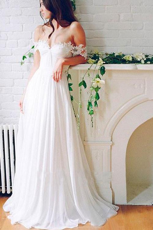 A Line Chiffon Sweetheart Lace Off the Shoulder Beach Wedding Dresses with Pleats JS276