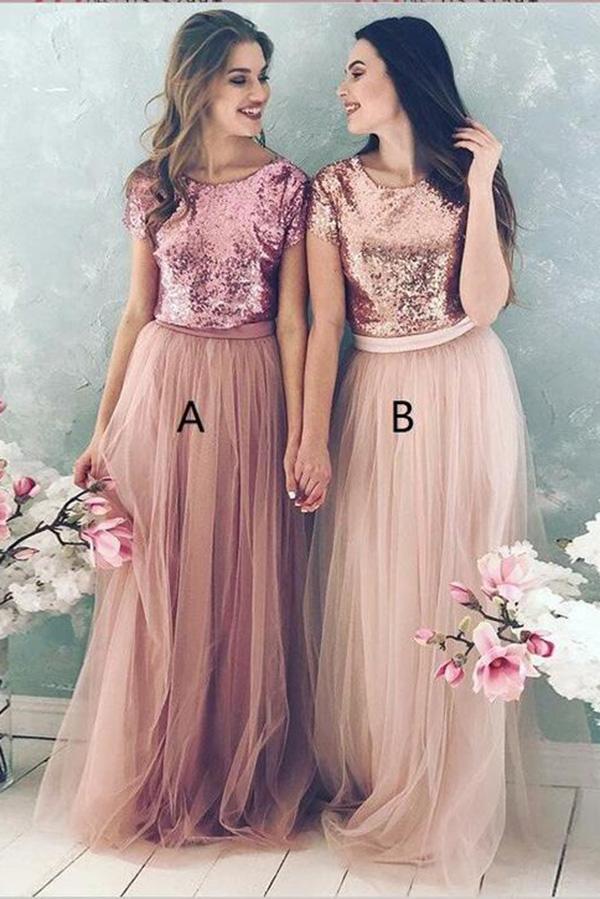 A Line Top Blush Sequin Lovely Two Piece Tulle Round Neck Cheap Bridesmaid Dresses JS832