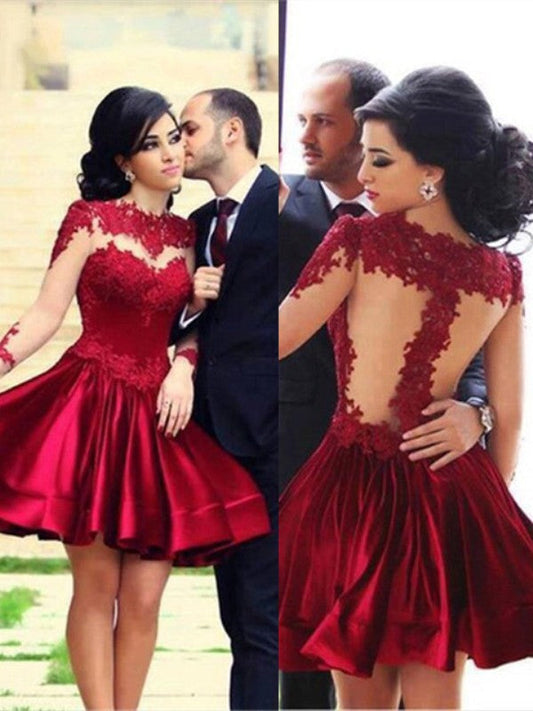 A-Line Diya Satin Homecoming Dresses Princess High Neck Long Sleeves Elastic Woven Short