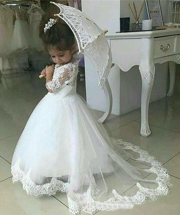 White Lace Appliques A Line Little Girls Dresses Half Sleeves V Neck Flower Girl Dresses JS547