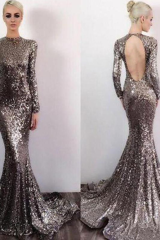 Long Sleeve Sequin Open Back Mermaid Shinny High Neck Floor-Length Prom Dresses JS580