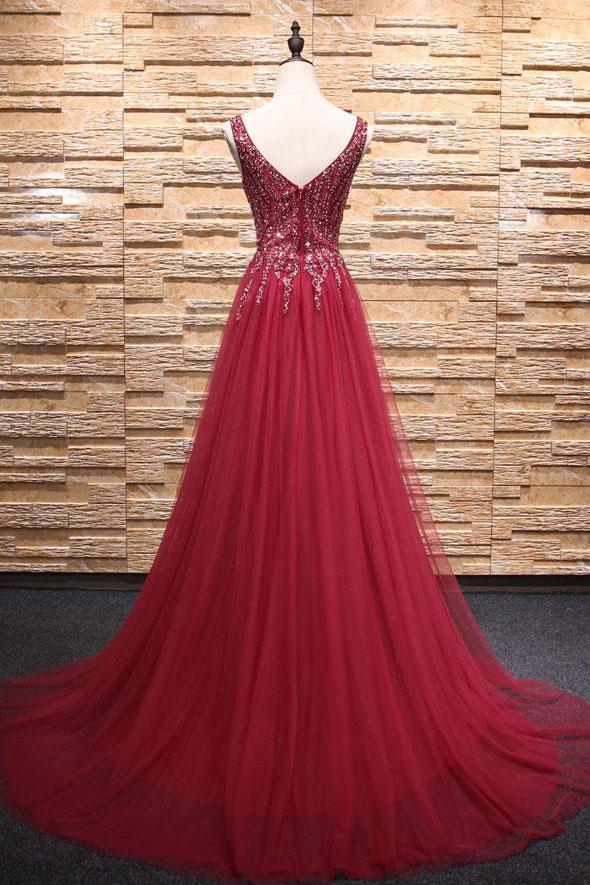 Simple A-Line Burgundy V-Neck Beads Tulle Long Sleeveless Slit Backless Prom Dresses