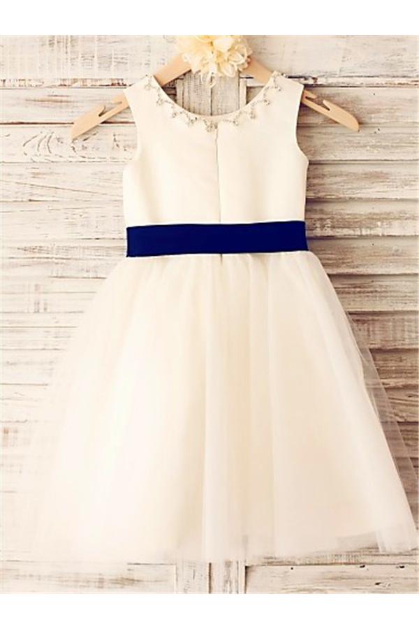 Ivory A-line Scoop Sleeveless Bowknot Tea-Length Tulle Flower Girl Dresses With Belt GD00005