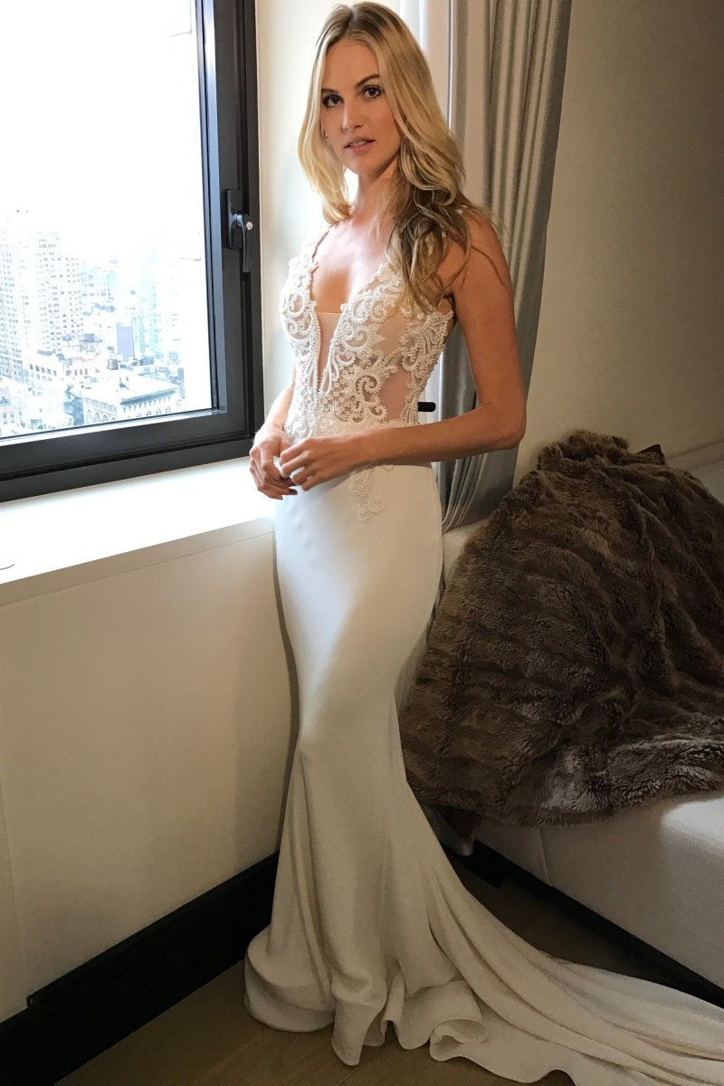 Long Princess Mermaid V-Neck Sleeveless Lace Sexy Ivory Wedding Dresses